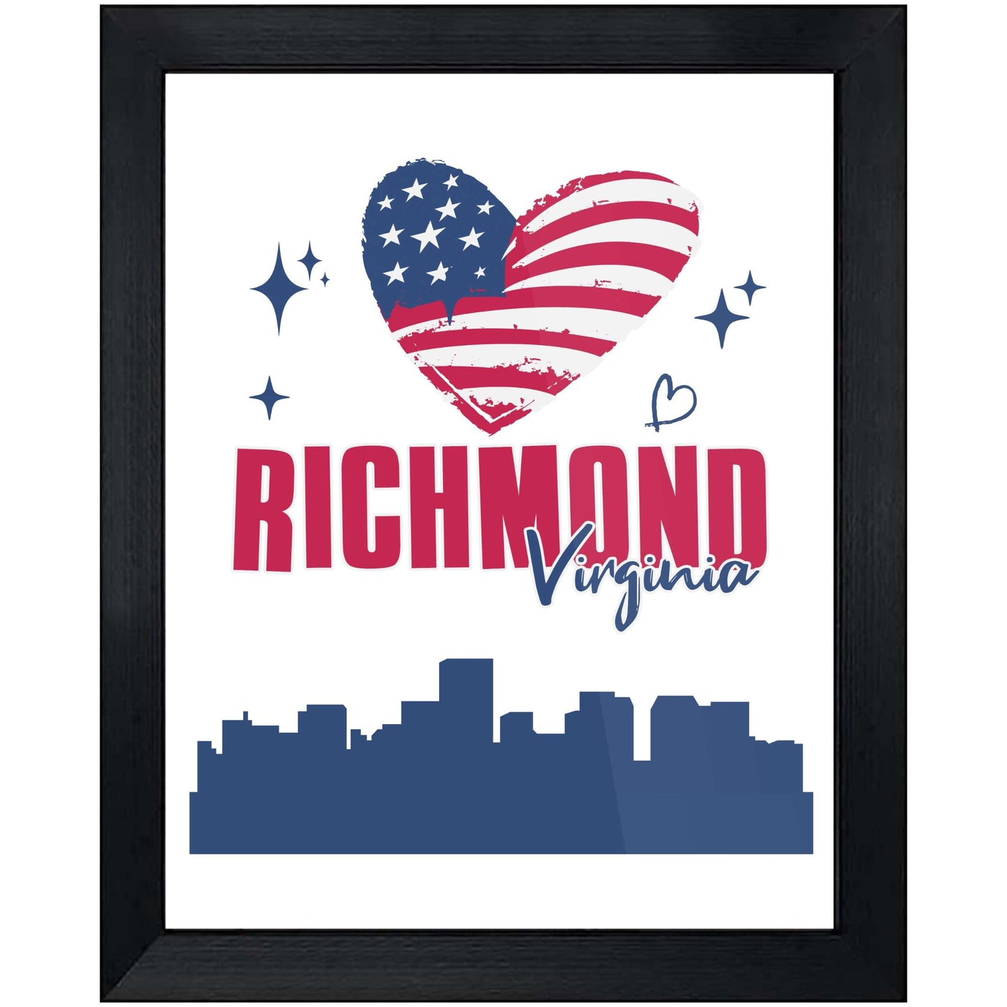 Richmond Virginia Skyline American Flag Heart 4th of July 8"x10" Wall Art Print