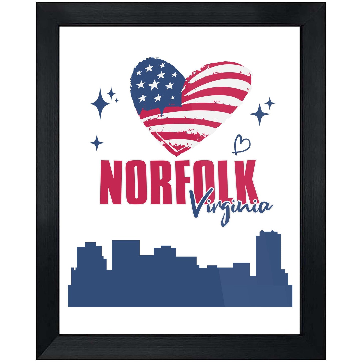Norfolk Virginia Skyline American Flag Heart 4th of July 8"x10" Wall Art Print