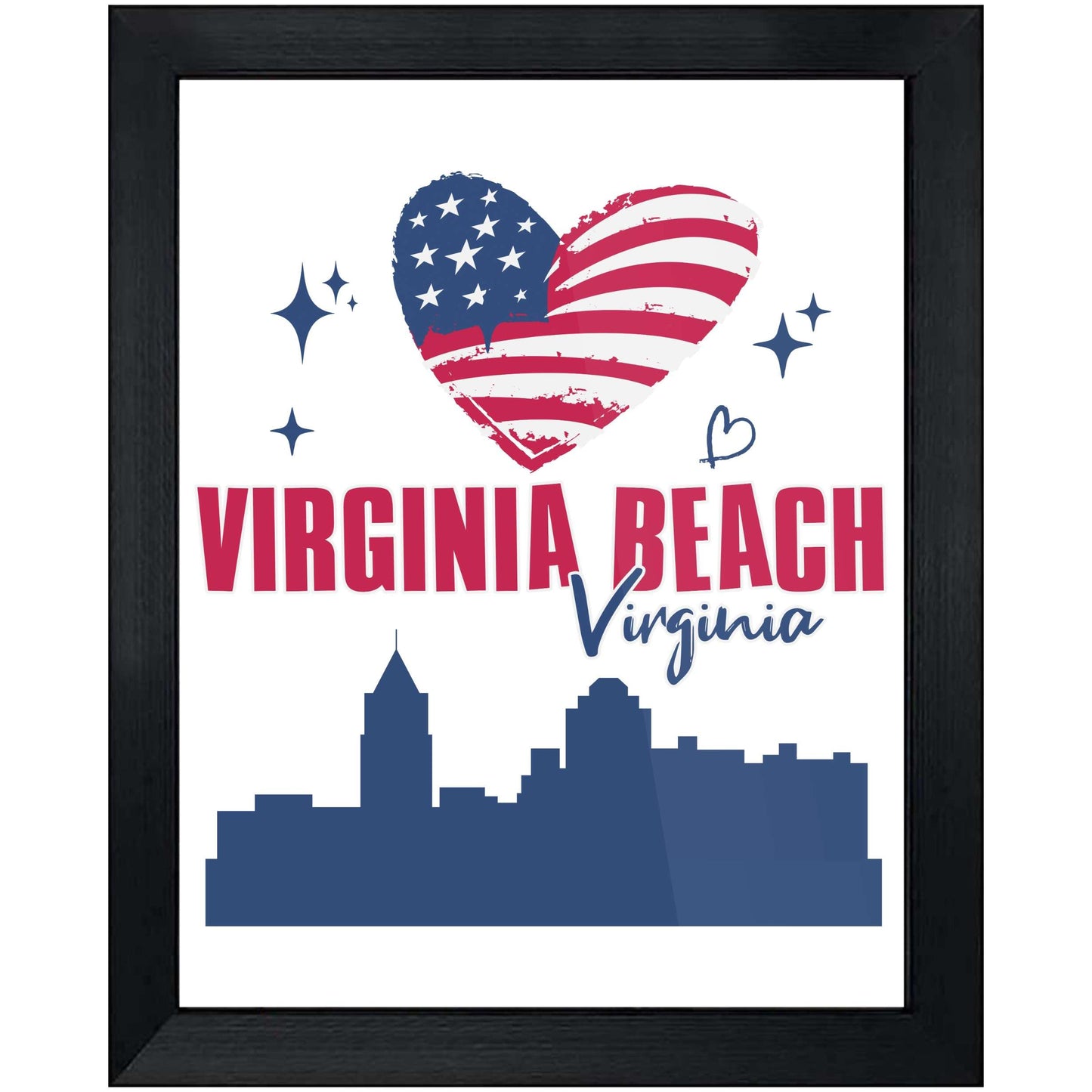Virginia Beach Virginia Skyline American Flag Heart 4th of July 8"x10" Wall Art Print