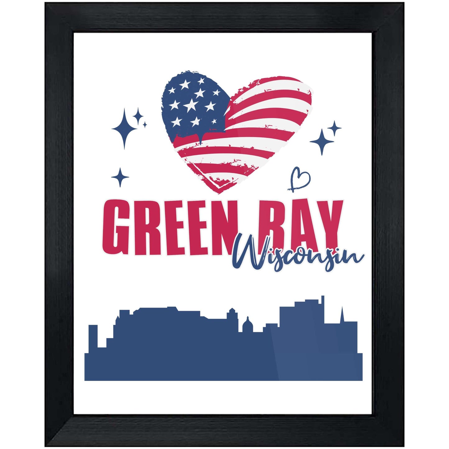 Green Bay Wisconsin Skyline American Flag Heart 4th of July 8"x10" Wall Art Print