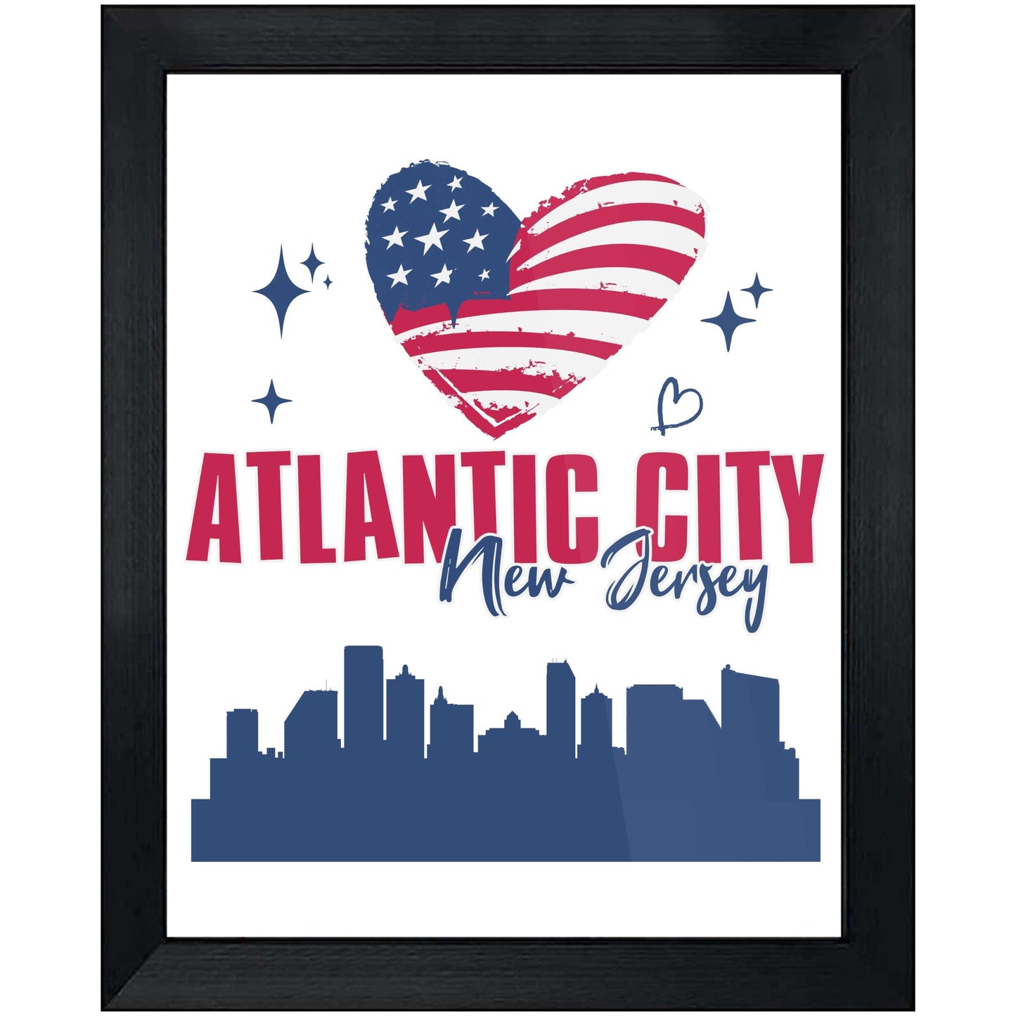 Atlantic City New Jersey Skyline American Flag Heart 4th of July 8"x10" Wall Art Print