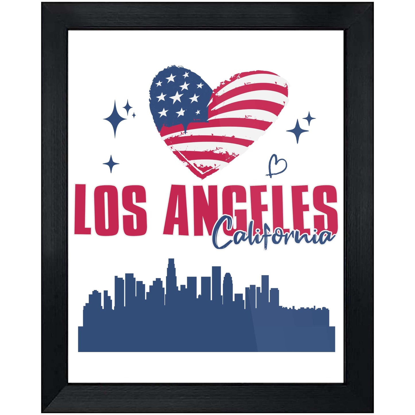 Los Angeles California Skyline American Flag Heart 4th of July 8"x10" Wall Art Print