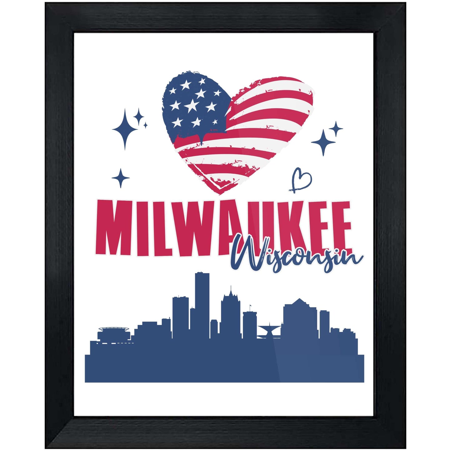 Milwaukee Wisconsin Skyline American Flag Heart 4th of July 8"x10" Wall Art Print