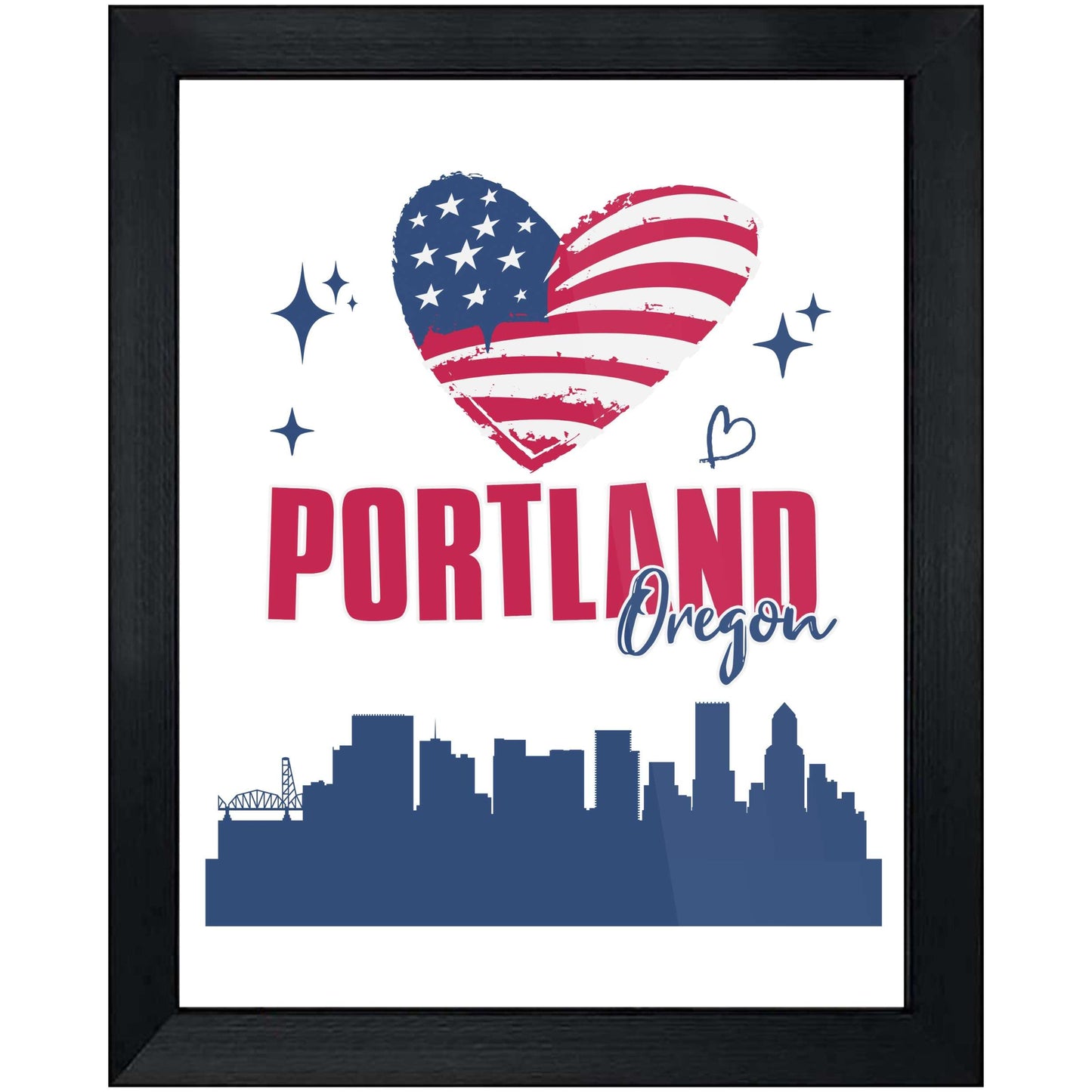Portland Oregon Skyline American Flag Heart 4th of July 8"x10" Wall Art Print