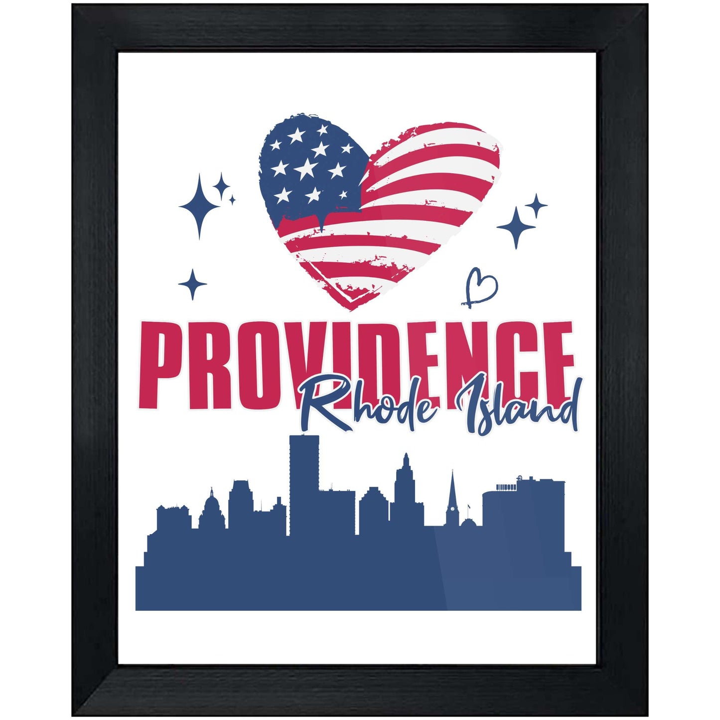 Providence Rhode Island Skyline American Flag Heart 4th of July 8"x10" Wall Art Print