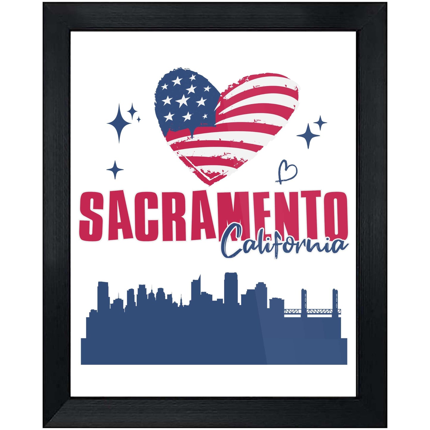 Sacramento California Skyline American Flag Heart 4th of July 8"x10" Wall Art Print