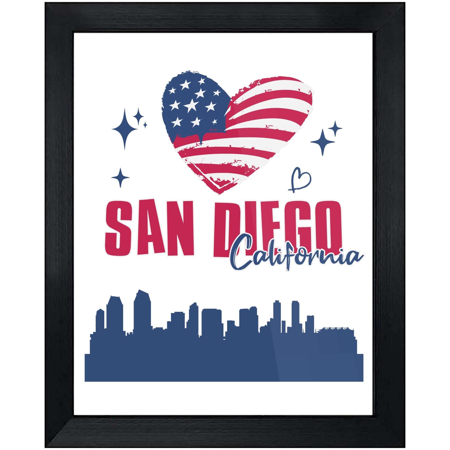 San Diego California Skyline American Flag Heart 4th of July 8"x10" Wall Art Print