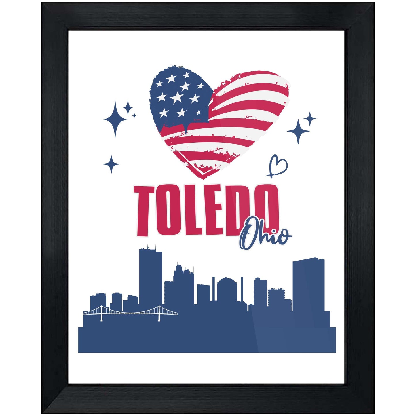 Toledo Ohio Skyline American Flag Heart 4th of July 8"x10" Wall Art Print