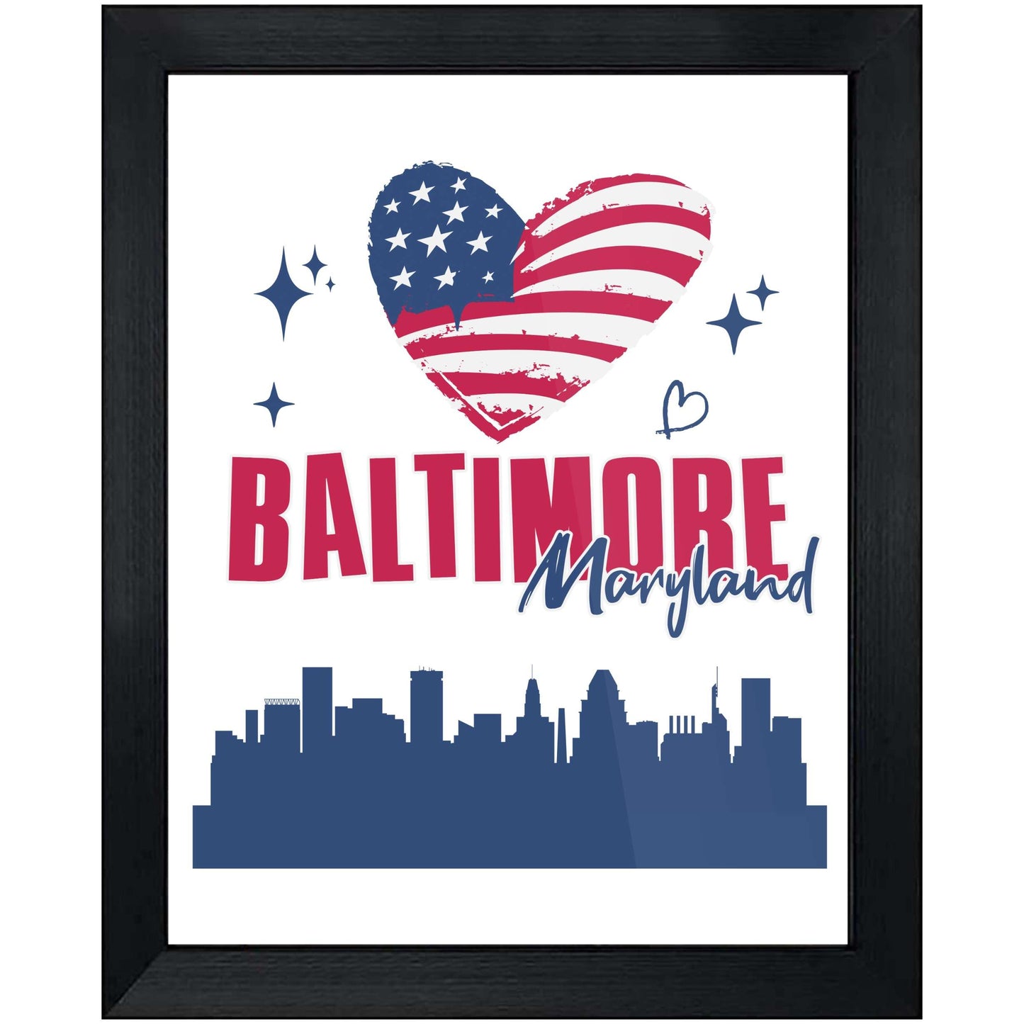Baltimore Maryland Skyline American Flag Heart 4th of July 8"x10" Wall Art Print