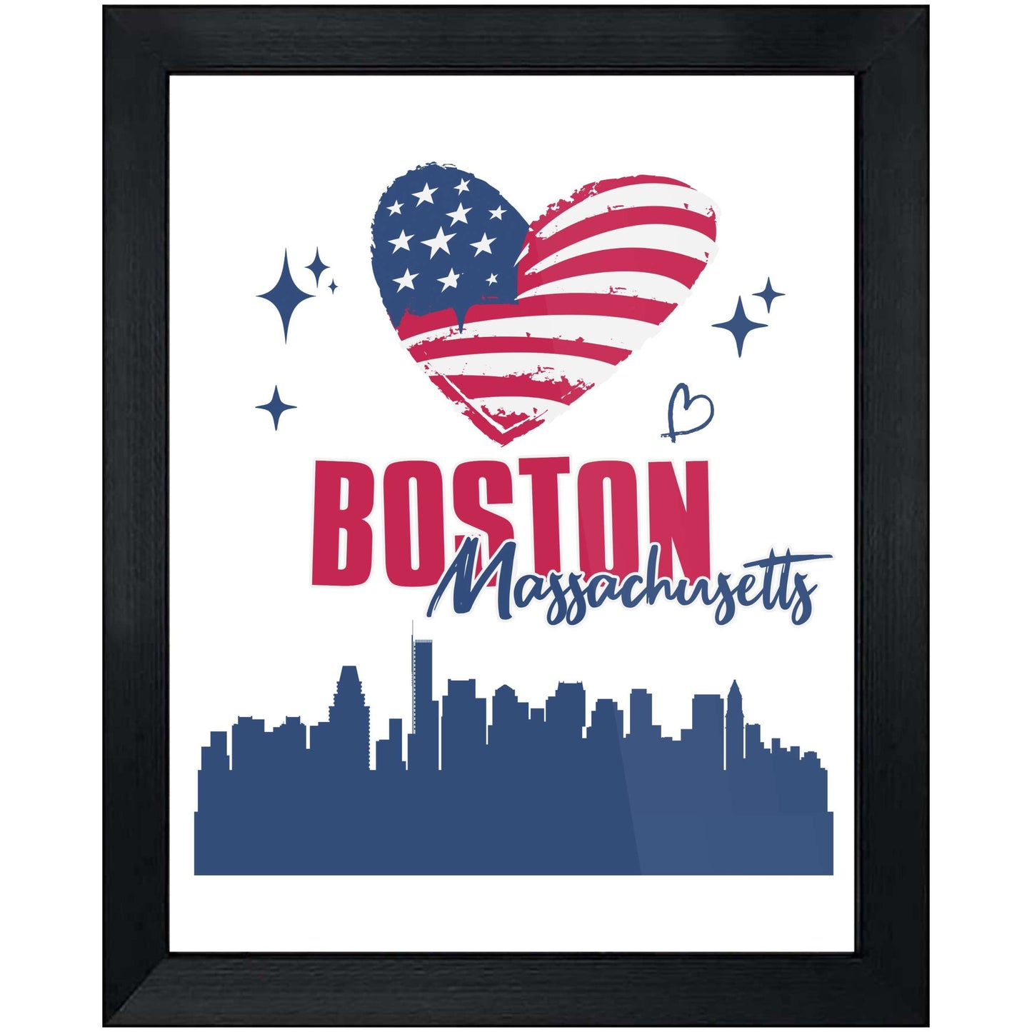 Boston Massachusetts Skyline American Flag Heart 4th of July 8"x10" Wall Art Print
