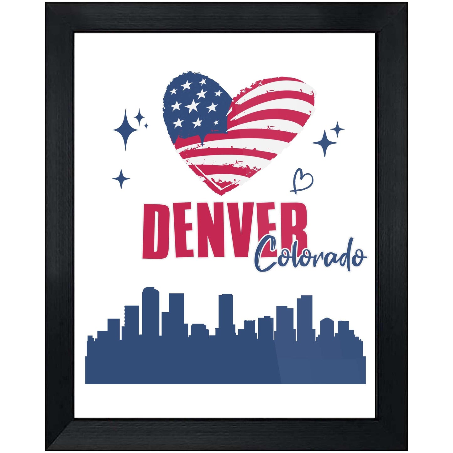 Denver Colorado Skyline American Flag Heart 4th of July 8"x10" Wall Art Print