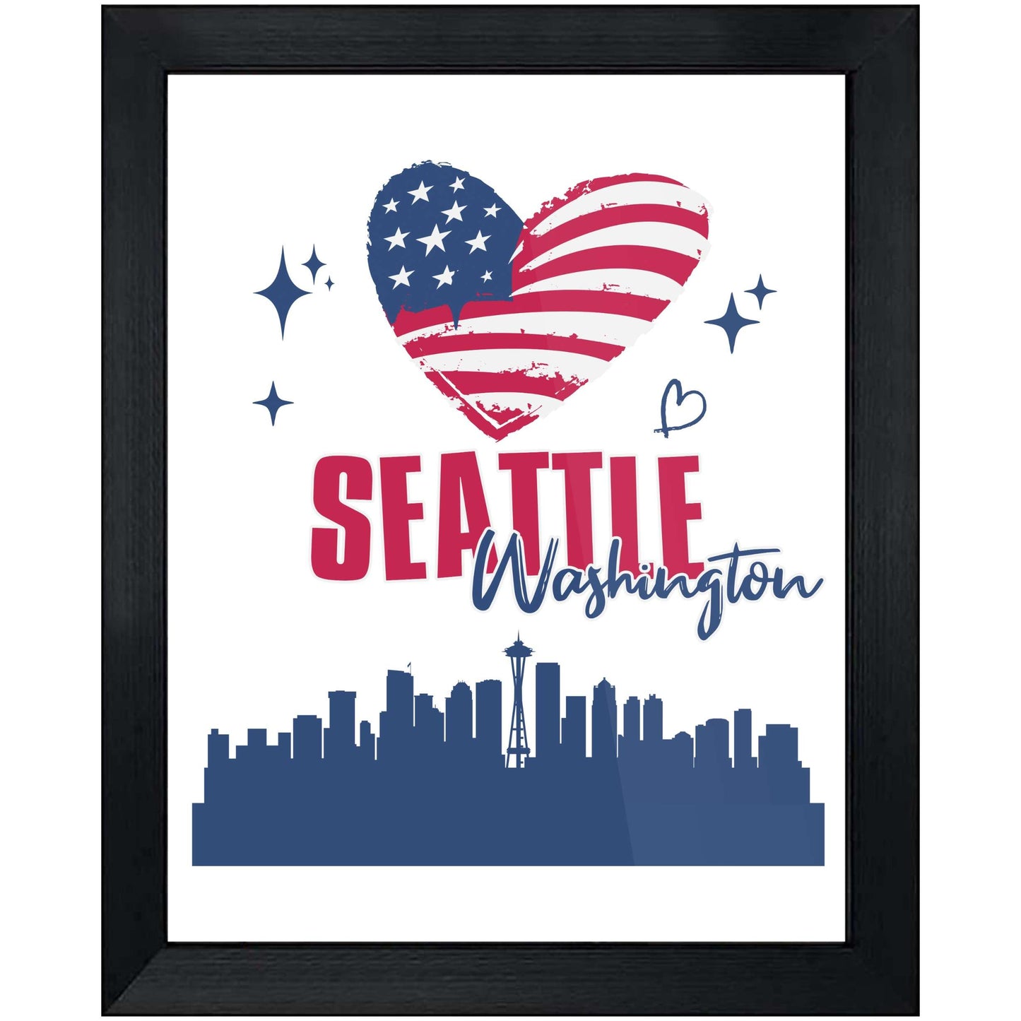 Seattle Washington Skyline American Flag Heart 4th of July 8"x10" Wall Art Print