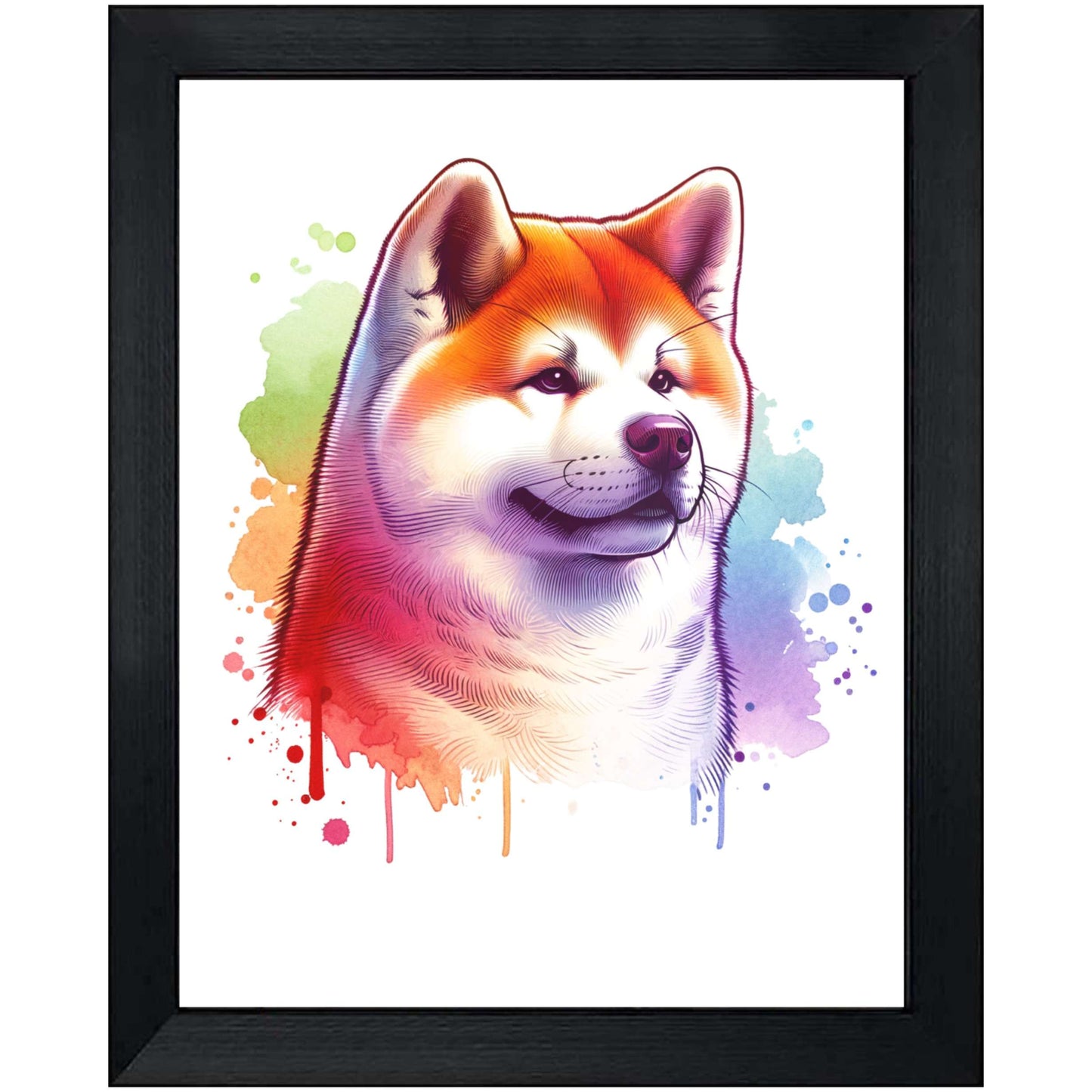 Akita Rainbow Watercolor Portrait Dog Lover 8"x10" Wall Art Print - Akita Gift