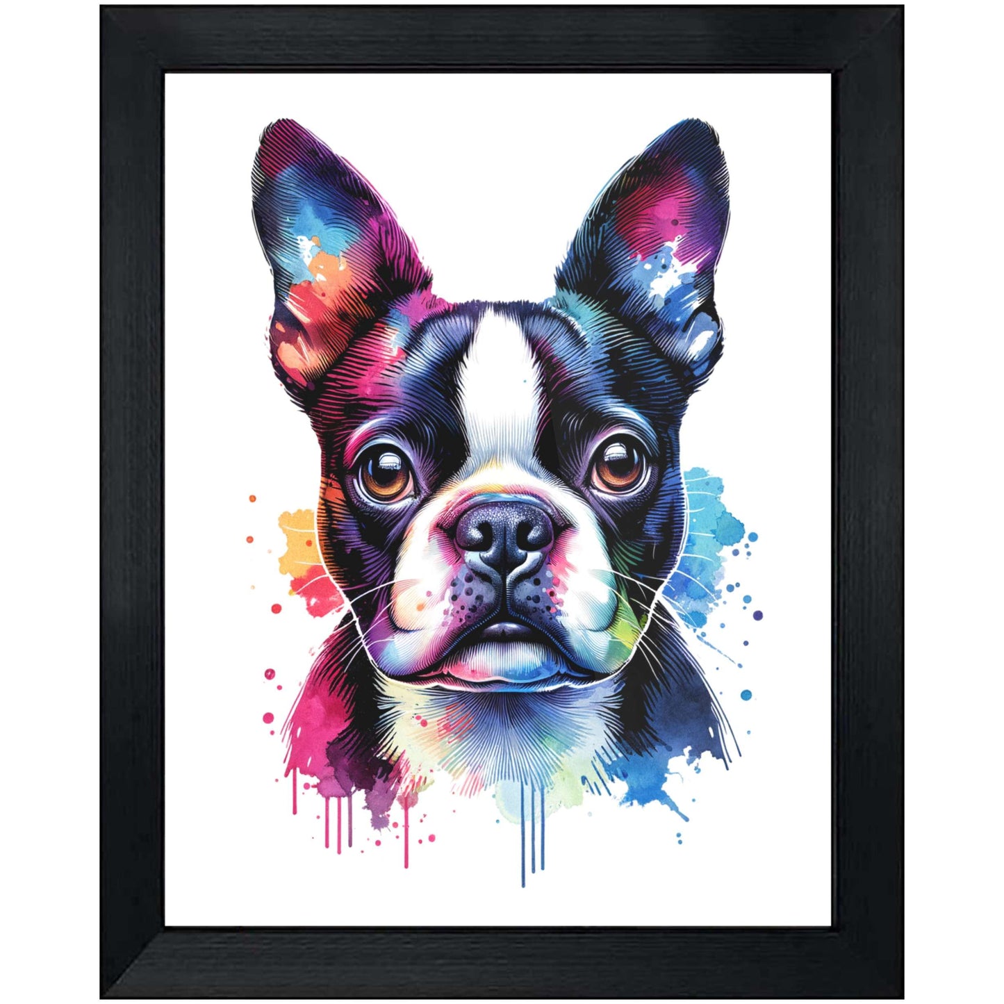 Boston Terrier Rainbow Watercolor Portrait Dog Lover 8"x10" Wall Art Print - Boston Terrier Gift