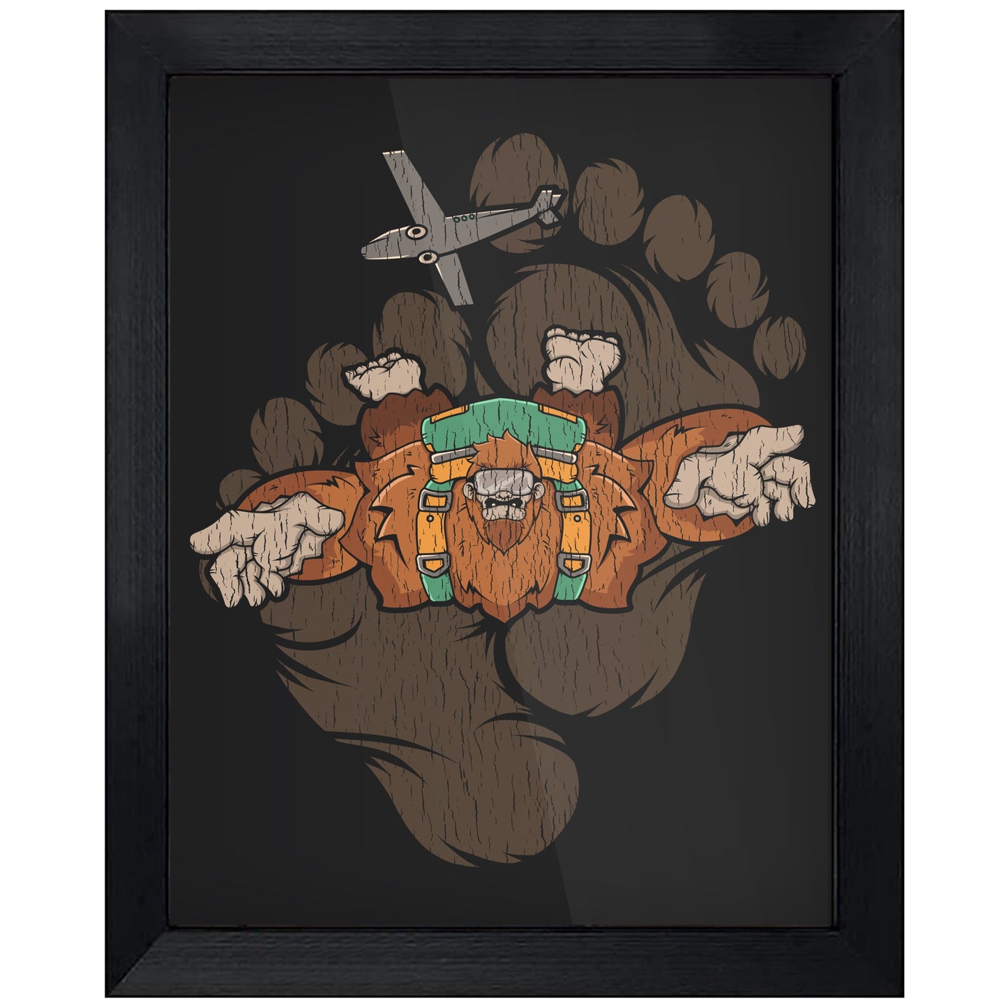 Bigfoot Skydiving Art - Sasquatch Jumping From Air Plane 8"x10" Wall Art Print