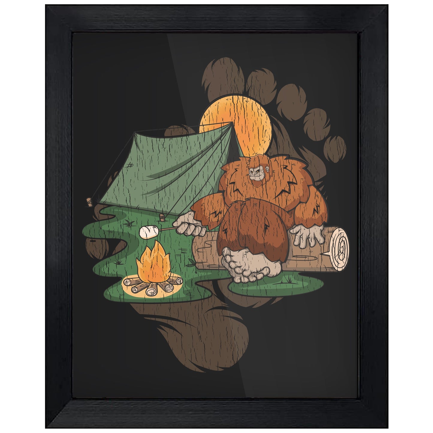 Bigfoot Camping Art - Sasquatch Roasting Marshmallows 8"x10" Wall Art Print