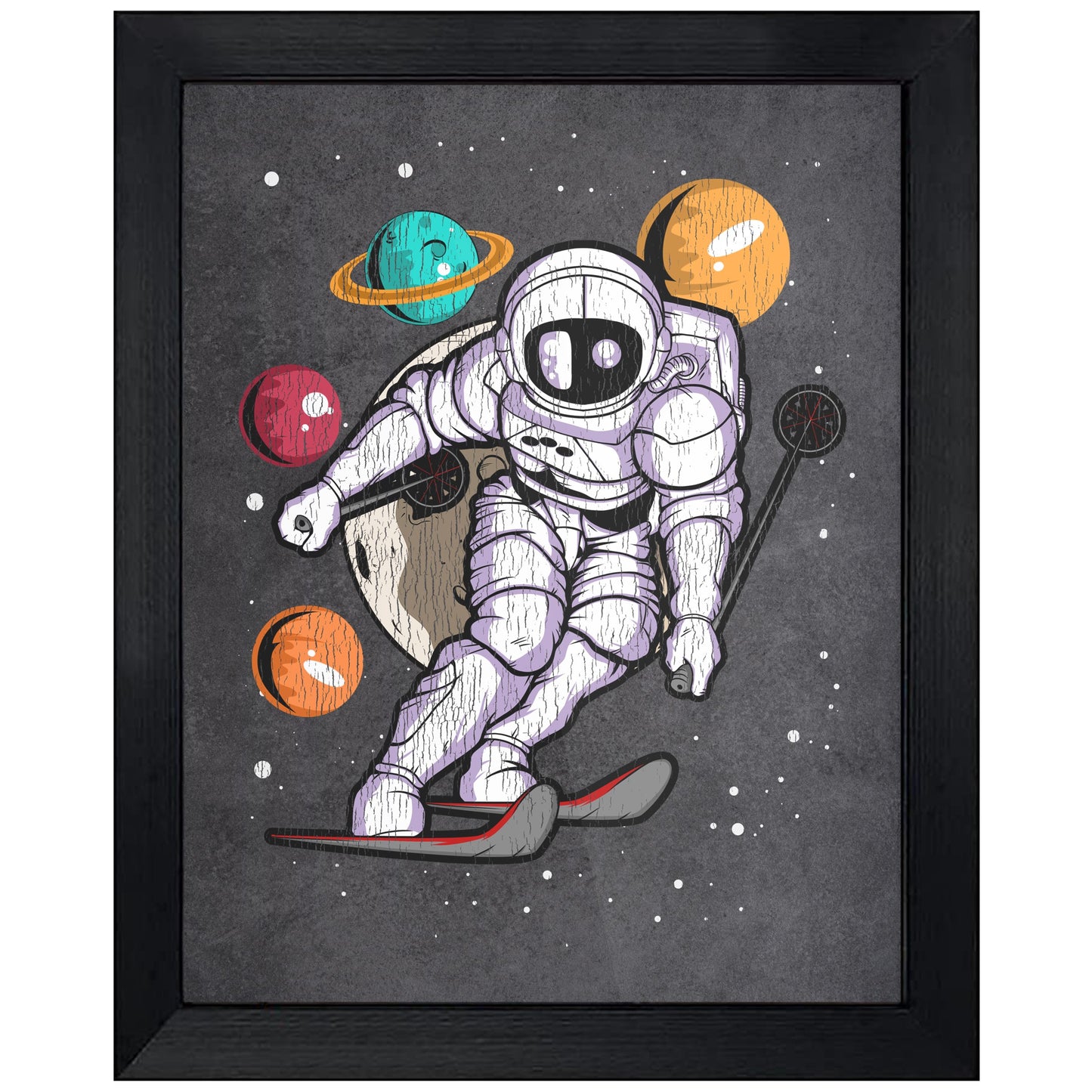 Skiing Astronaut Outer Space Spaceman Distressed 8"x10" Wall Art Print
