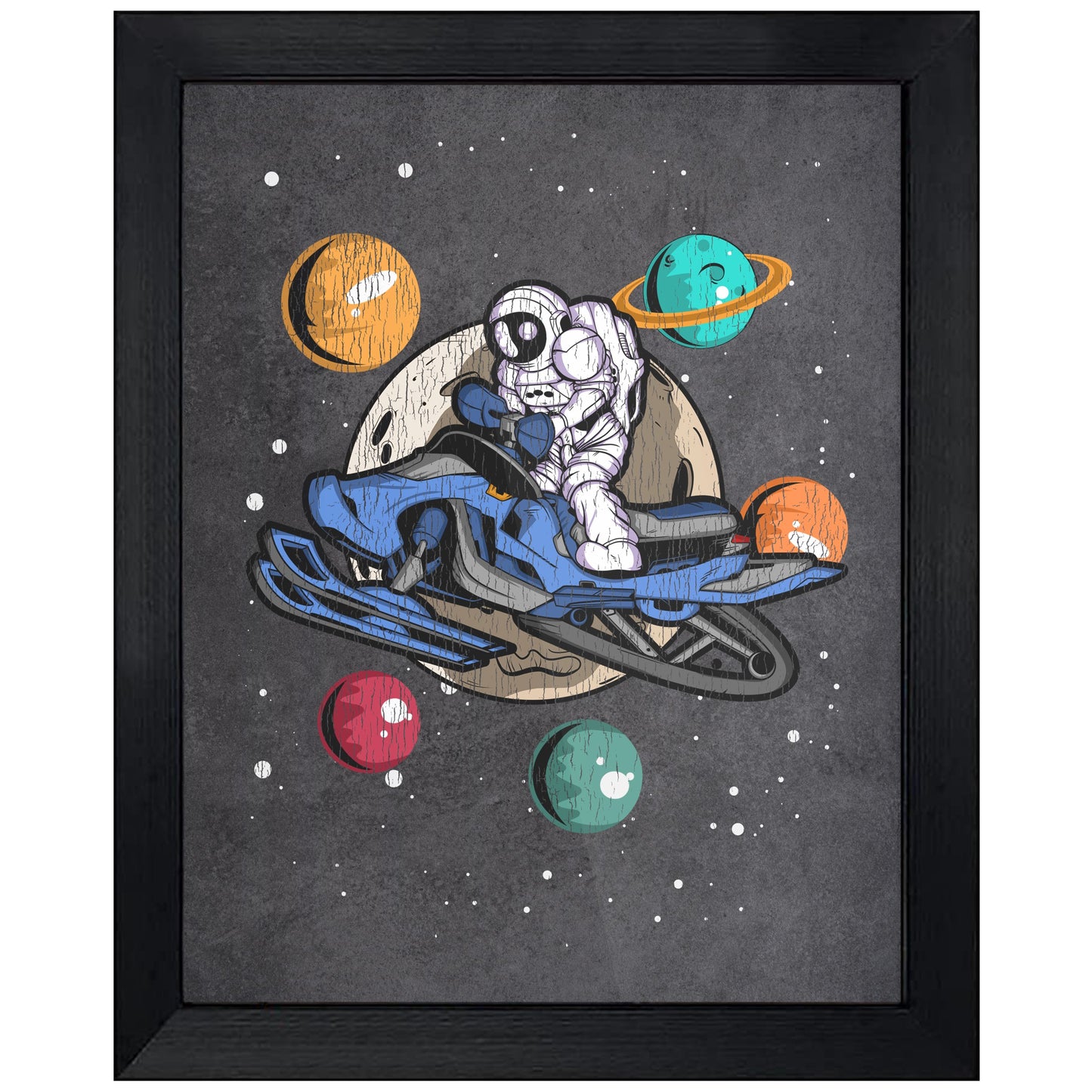 Snowmobiling Astronaut Outer Space Spaceman Snowmobile Distressed 8"x10" Wall Art Print