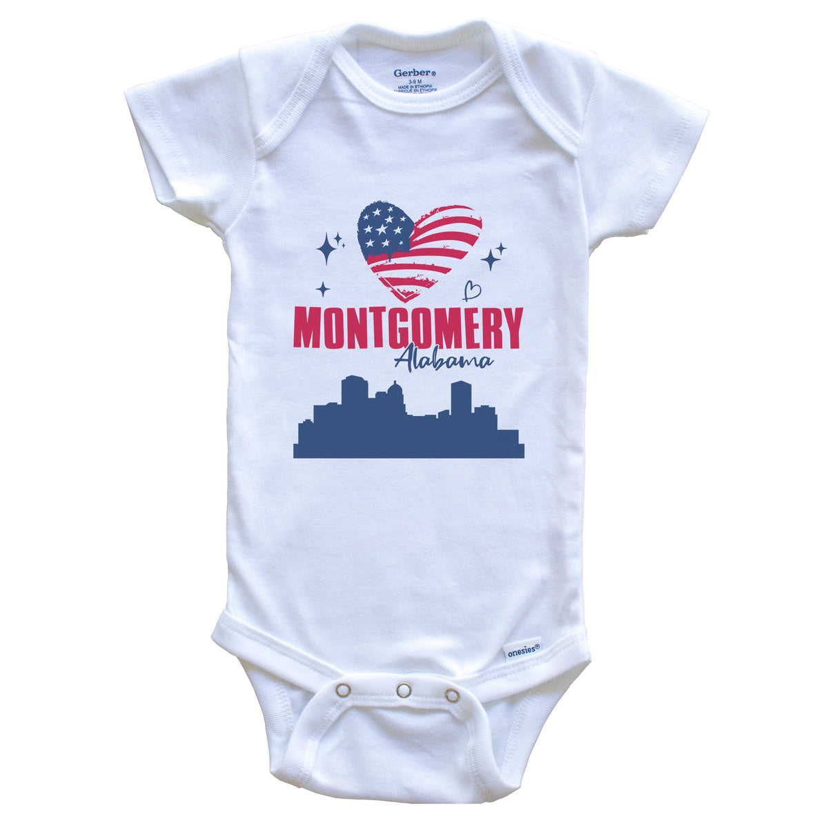 Montgomery Alabama Skyline American Flag Heart 4th of July Baby Bodysuit