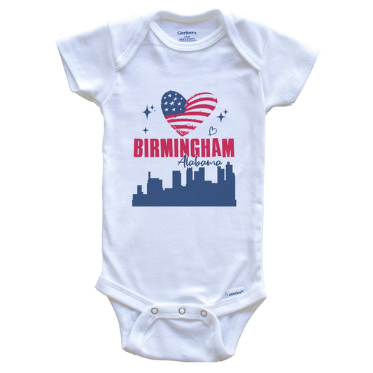 Birmingham Alabama Skyline American Flag Heart 4th of July Baby Bodysuit