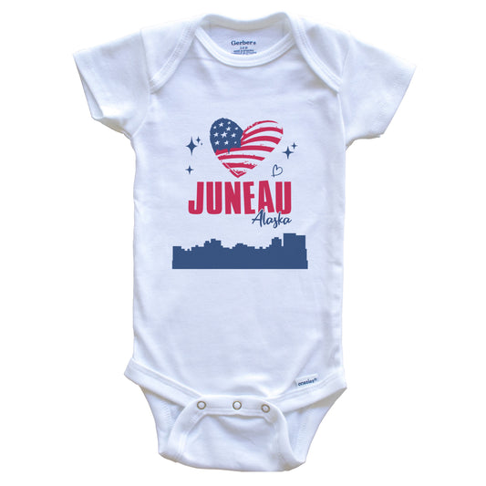 Juneau Alaska Skyline American Flag Heart 4th of July Baby Bodysuit