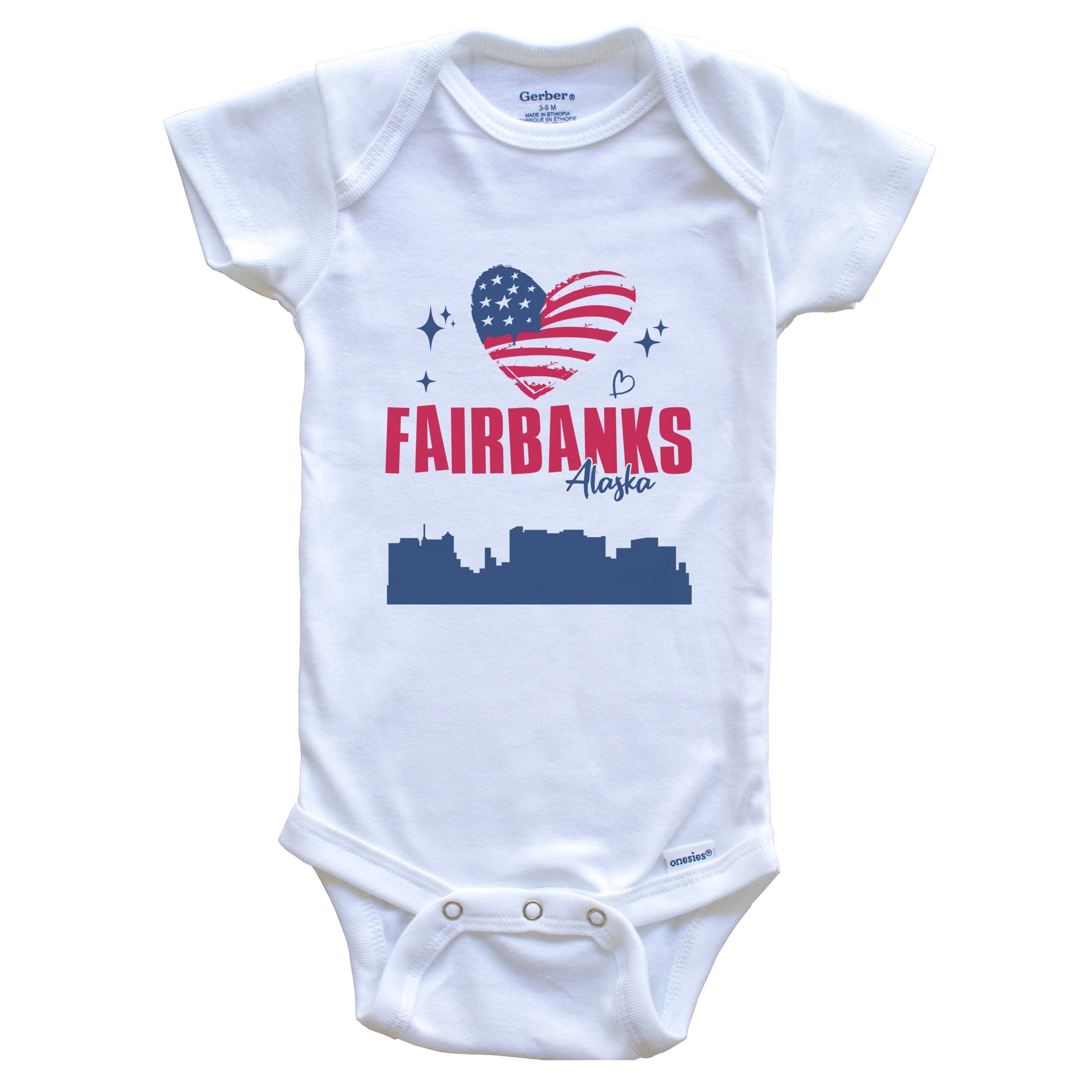 Fairbanks Alaska Skyline American Flag Heart 4th of July Baby Bodysuit