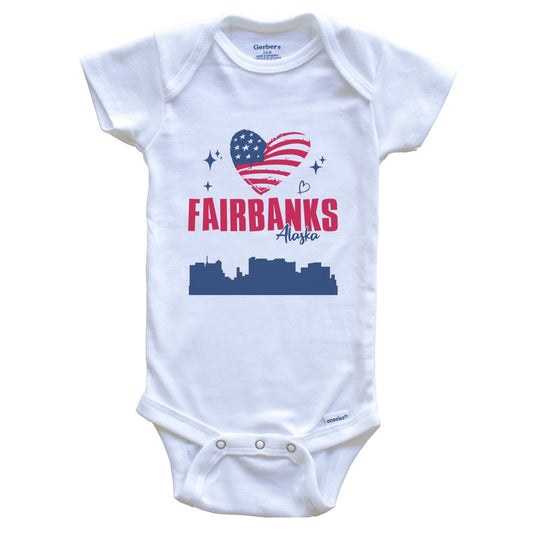 Fairbanks Alaska Skyline American Flag Heart 4th of July Baby Bodysuit