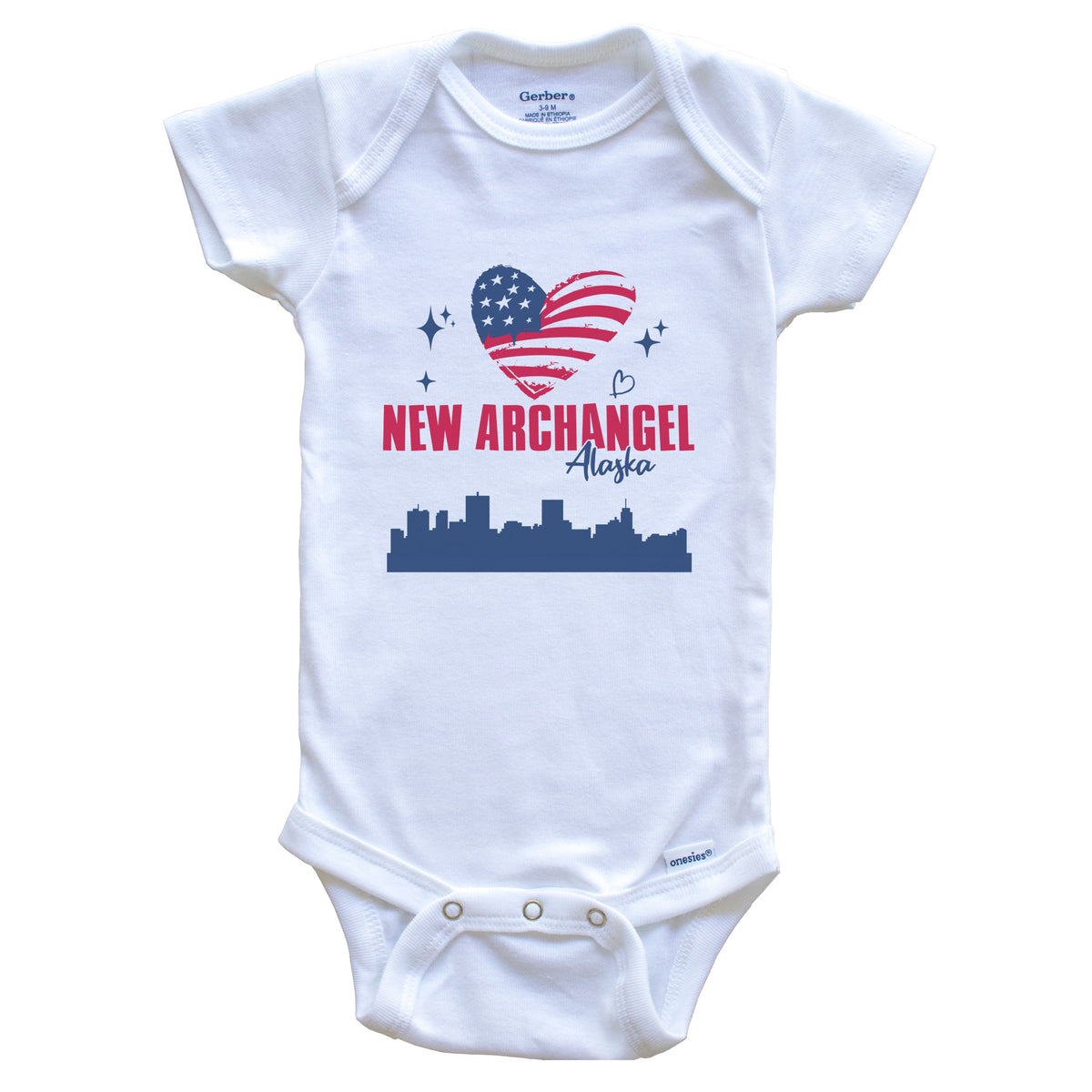 New Archangel Alaska Skyline American Flag Heart 4th of July Baby Bodysuit