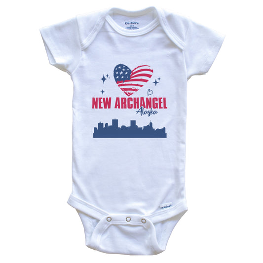 New Archangel Alaska Skyline American Flag Heart 4th of July Baby Bodysuit