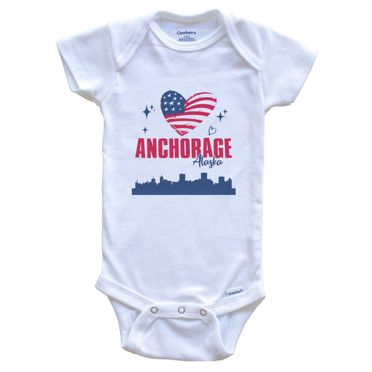 Anchorage Alaska Skyline American Flag Heart 4th of July Baby Bodysuit