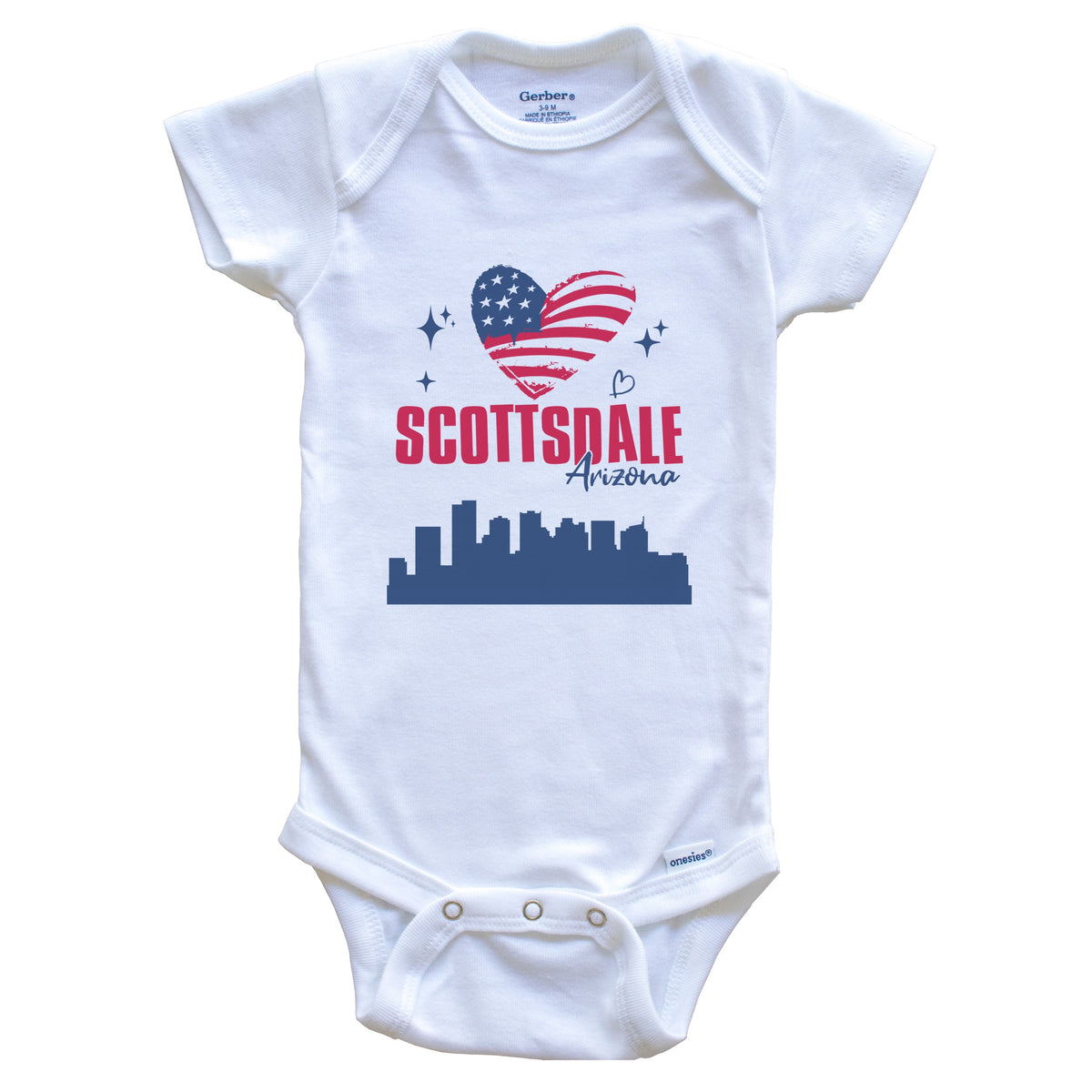 Scottsdale Arizona Skyline American Flag Heart 4th of July Baby Bodysuit