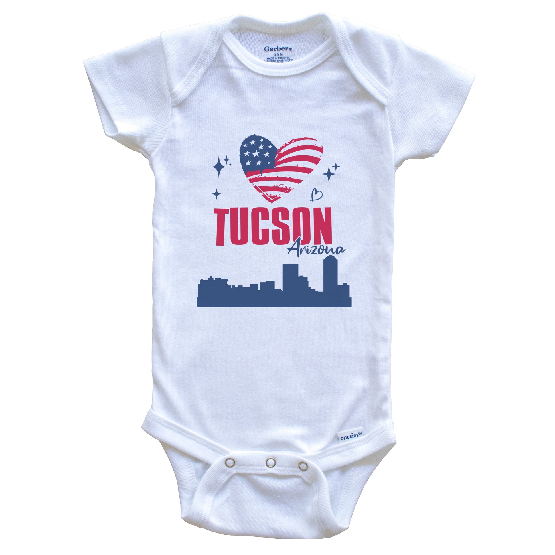 Tucson Arizona Skyline American Flag Heart 4th of July Baby Bodysuit