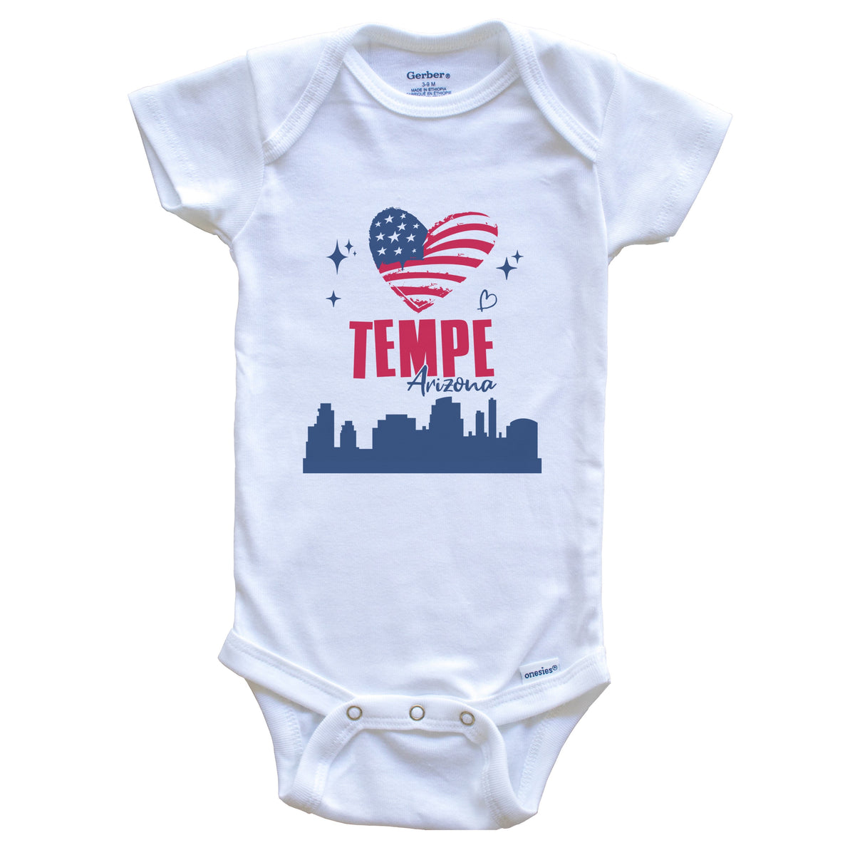 Tempe Arizona Skyline American Flag Heart 4th of July Baby Bodysuit