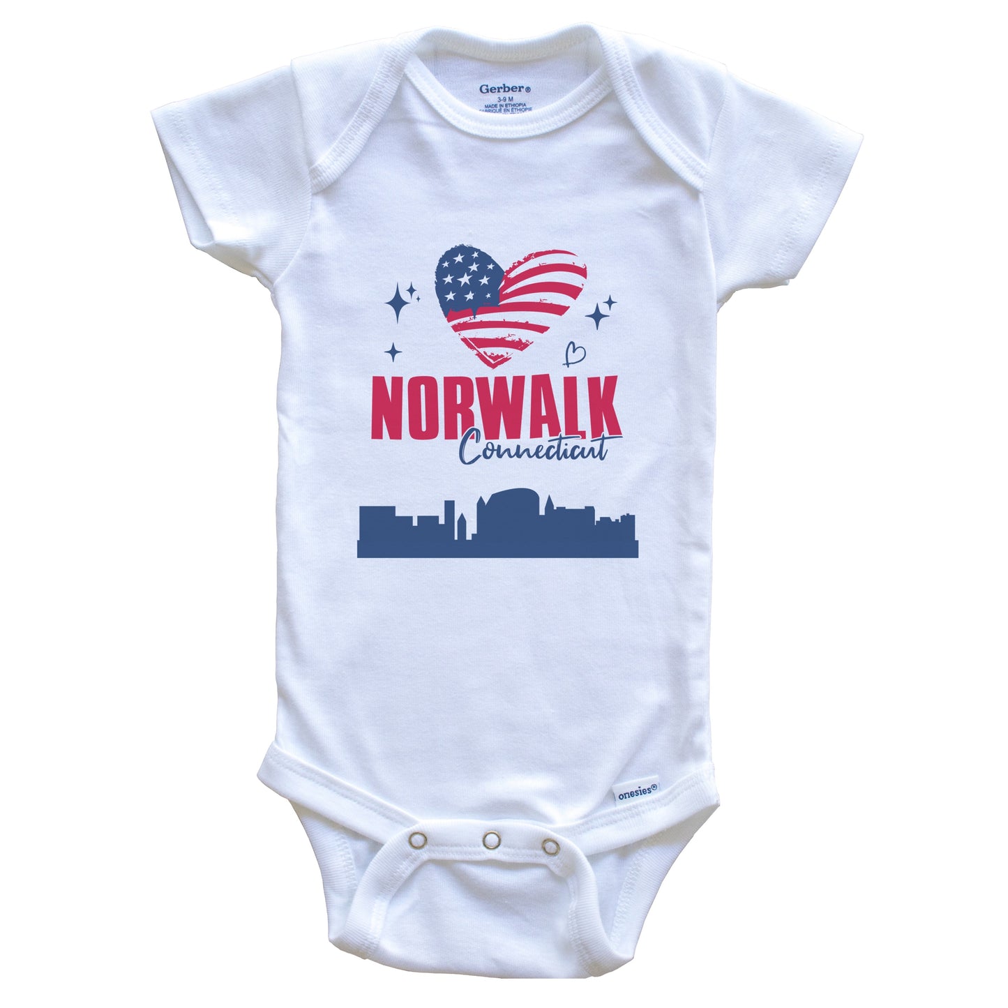 Norwalk Connecticut Skyline American Flag Heart 4th of July Baby Bodysuit