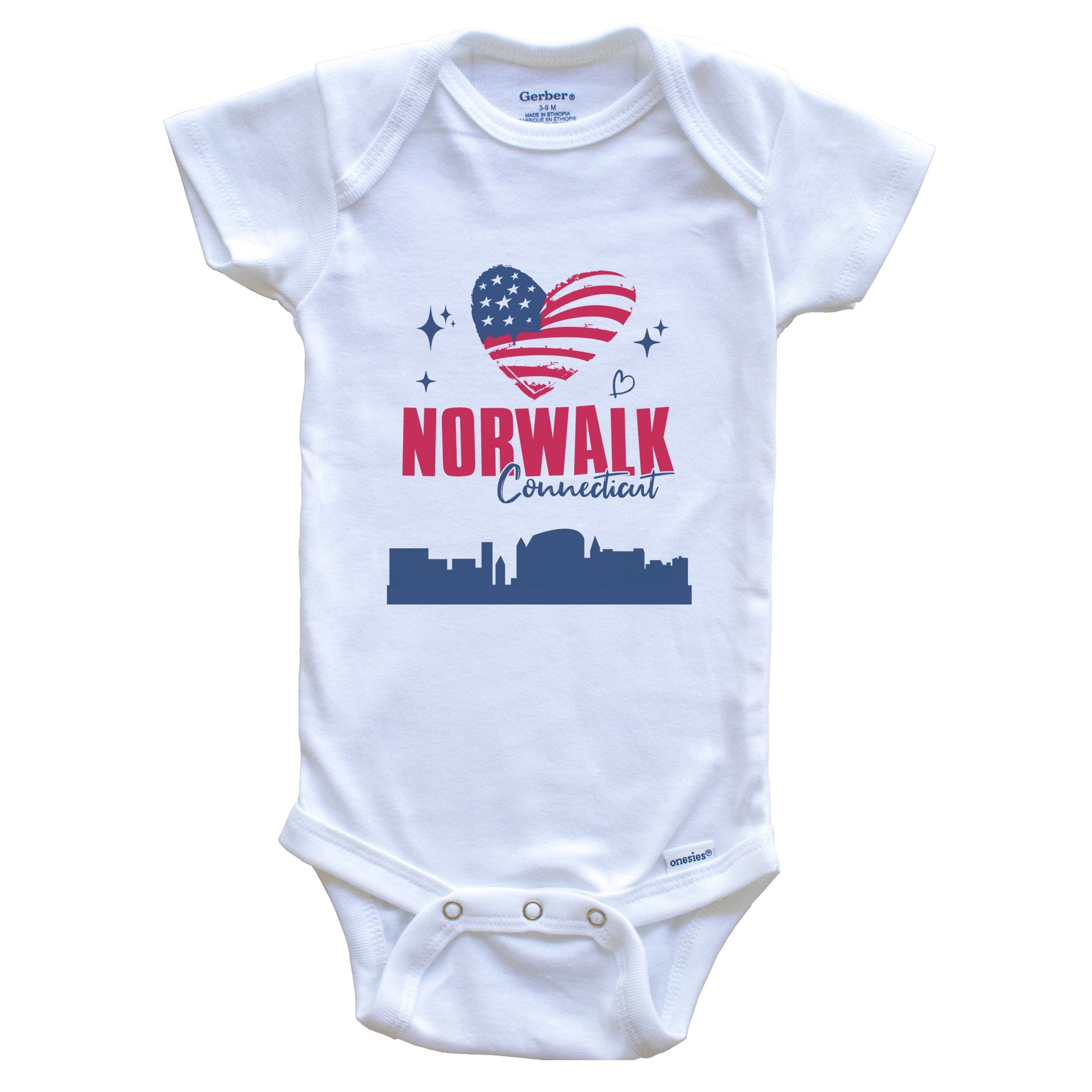 Norwalk Connecticut Skyline American Flag Heart 4th of July Baby Bodysuit