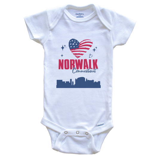 Norwalk Connecticut Skyline American Flag Heart 4th of July Baby Bodysuit