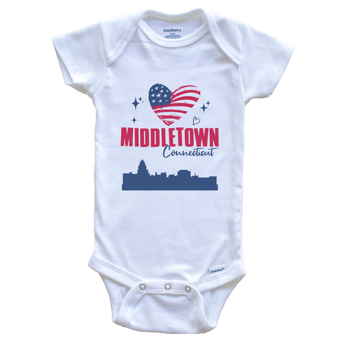 Middletown Connecticut Skyline American Flag Heart 4th of July Baby Bodysuit