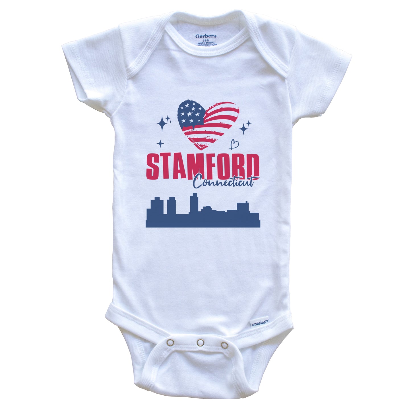 Stamford Connecticut Skyline American Flag Heart 4th of July Baby Bodysuit
