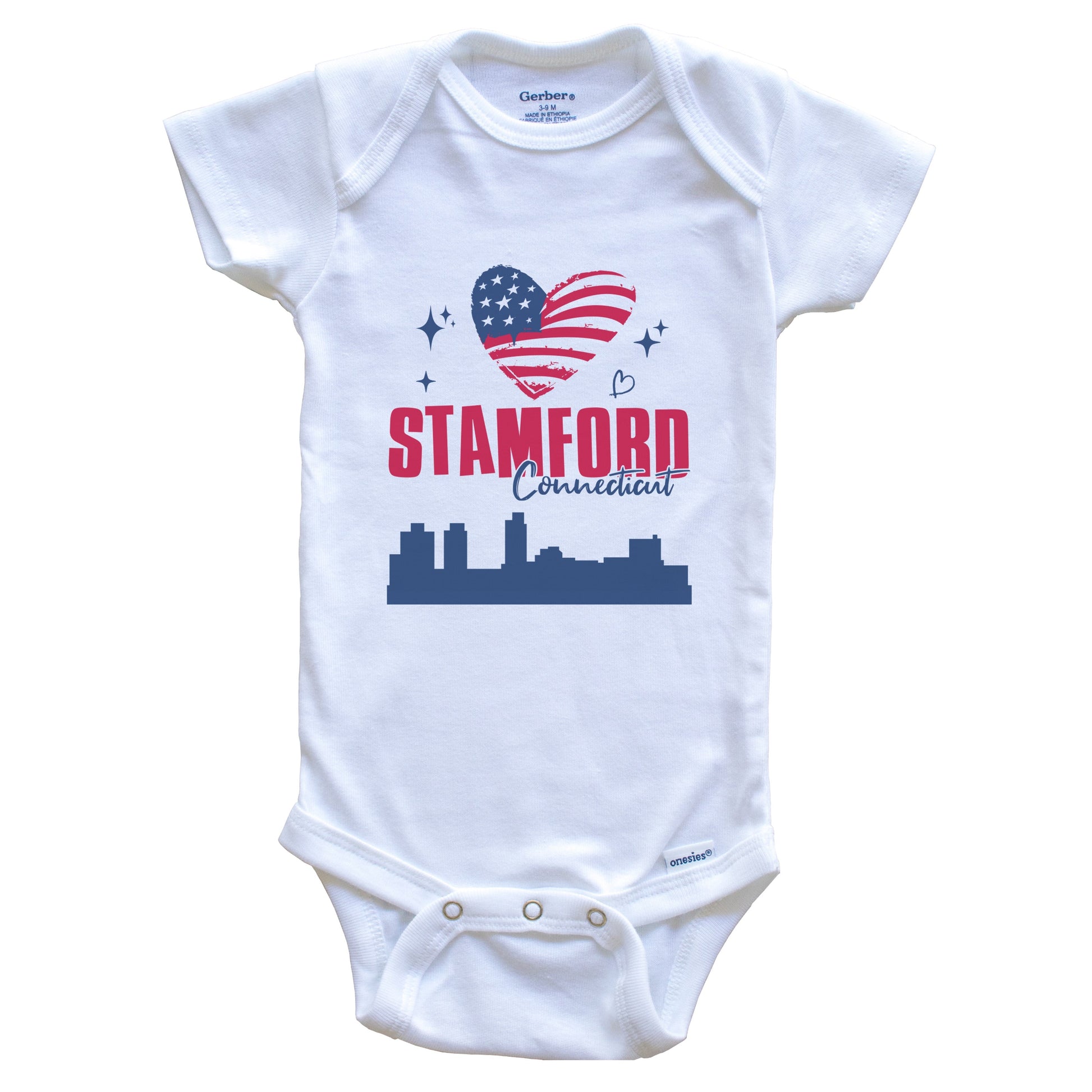 Stamford Connecticut Skyline American Flag Heart 4th of July Baby Bodysuit