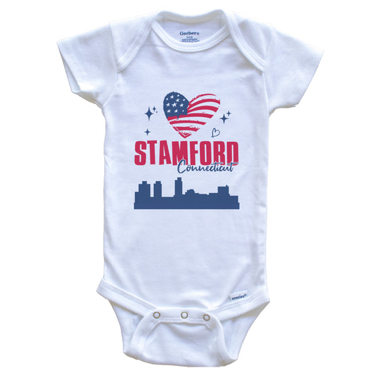 Stamford Connecticut Skyline American Flag Heart 4th of July Baby Bodysuit