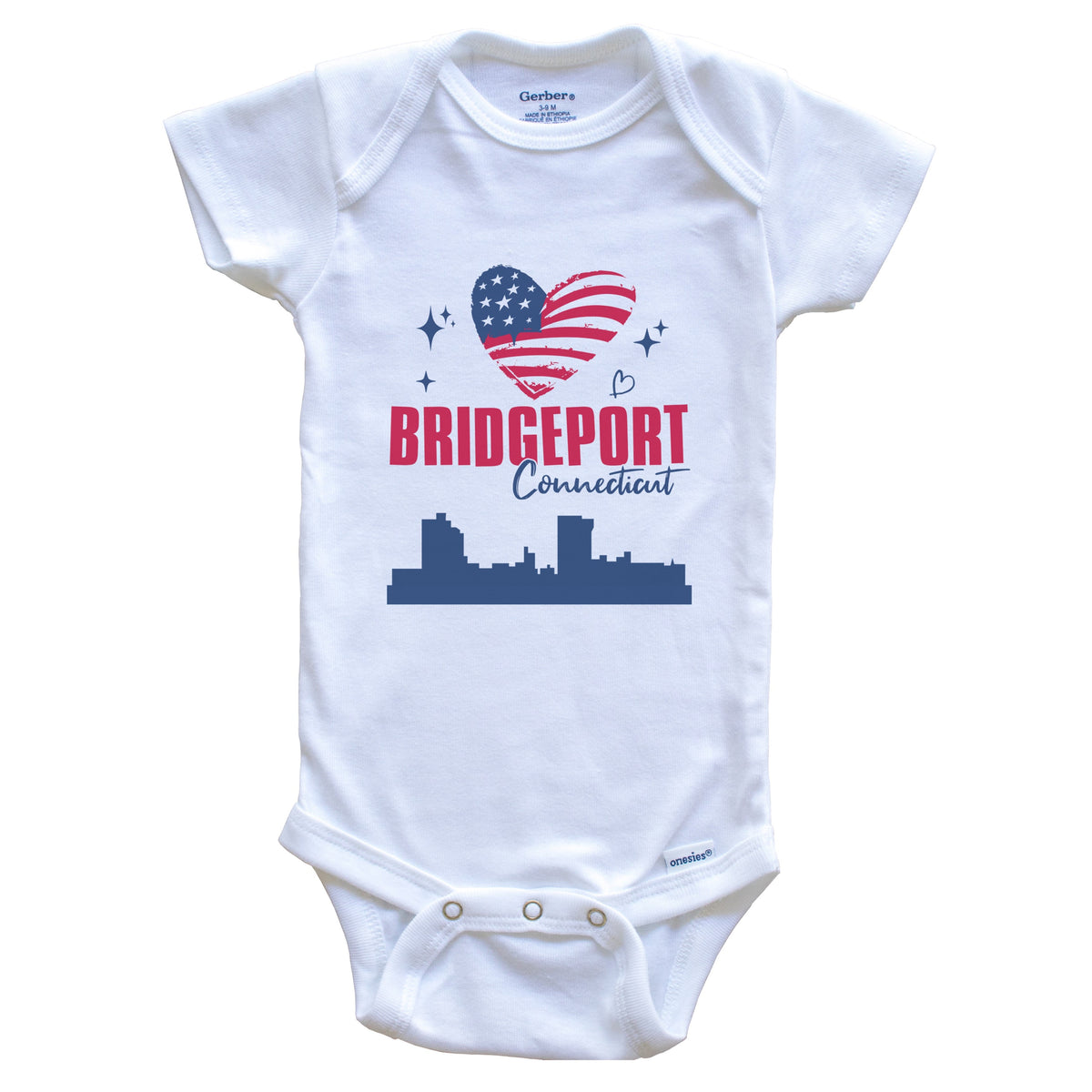 Bridgeport Connecticut Skyline American Flag Heart 4th of July Baby Bodysuit
