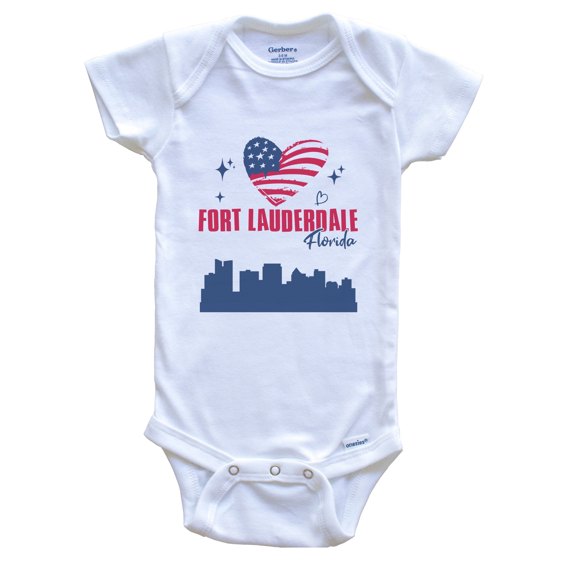 Fort Lauderdale Florida Skyline American Flag Heart 4th of July Baby Bodysuit