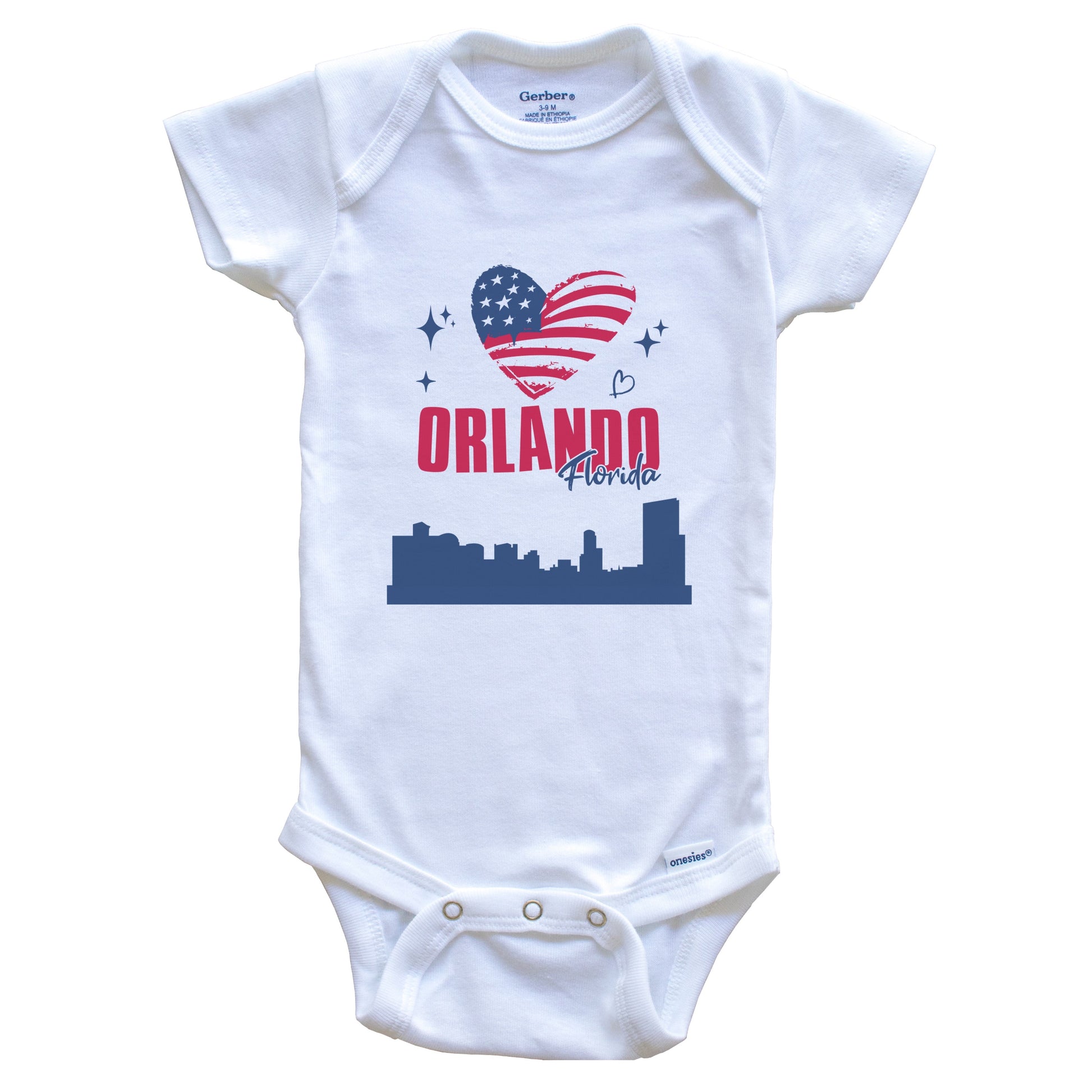 Orlando Florida Skyline American Flag Heart 4th of July Baby Bodysuit