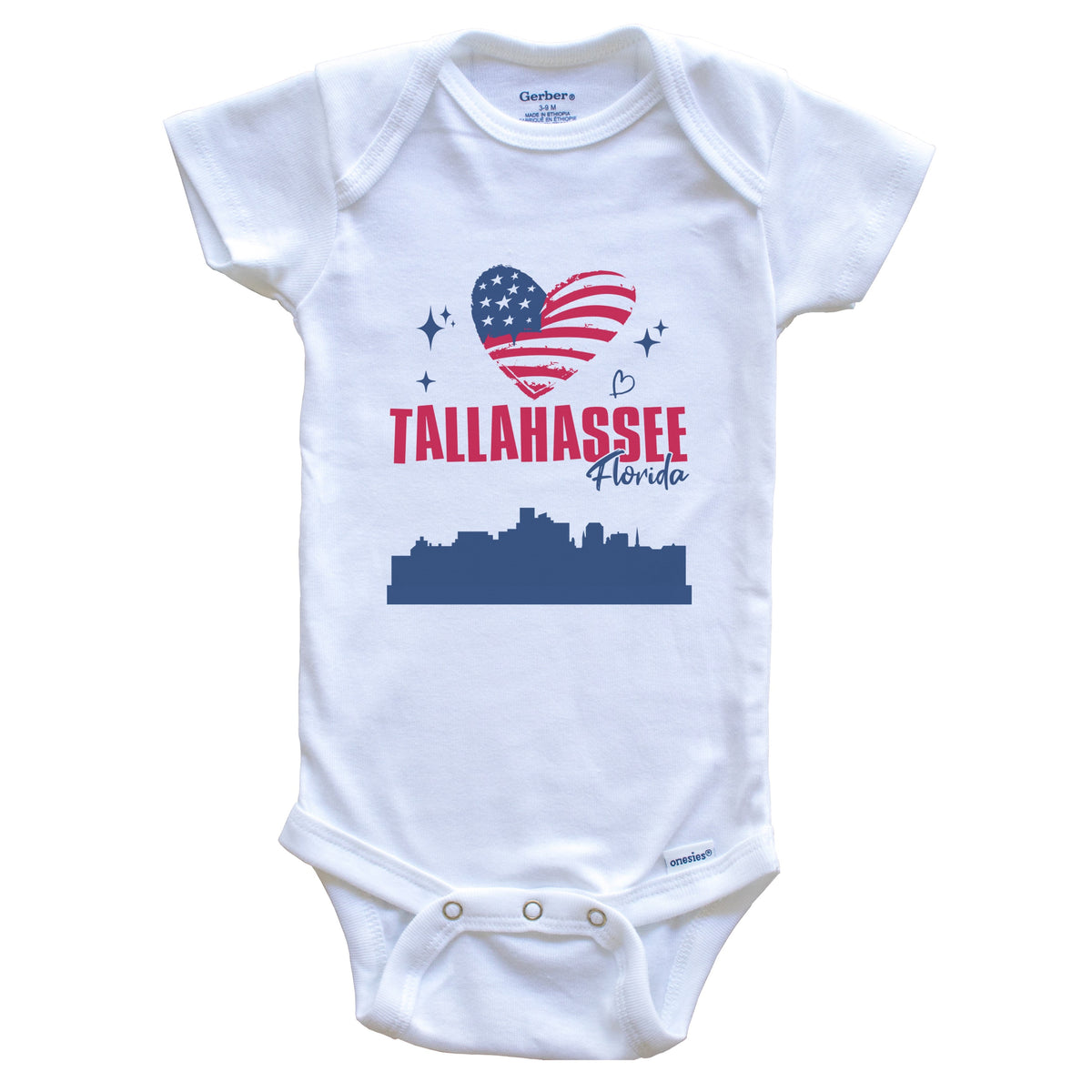 Tallahassee Florida Skyline American Flag Heart 4th of July Baby Bodysuit