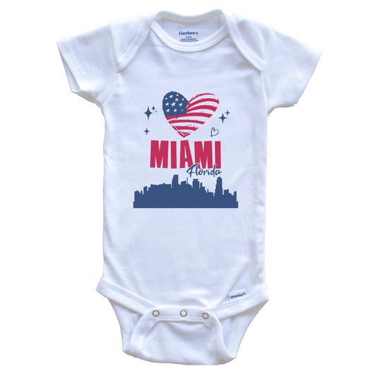 Miami Florida Skyline American Flag Heart 4th of July Baby Bodysuit