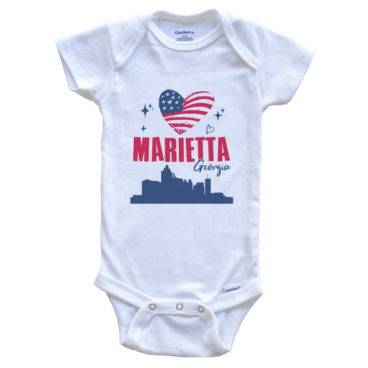 Marietta Georgia Skyline American Flag Heart 4th of July Baby Bodysuit