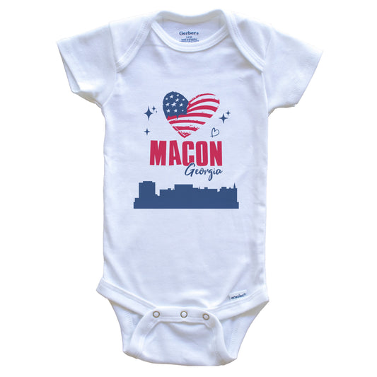 Macon Georgia Skyline American Flag Heart 4th of July Baby Bodysuit