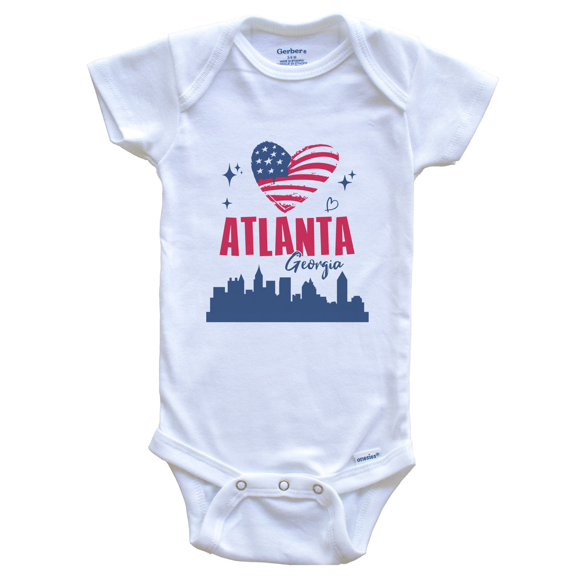 Atlanta Georgia Skyline American Flag Heart 4th of July Baby Bodysuit