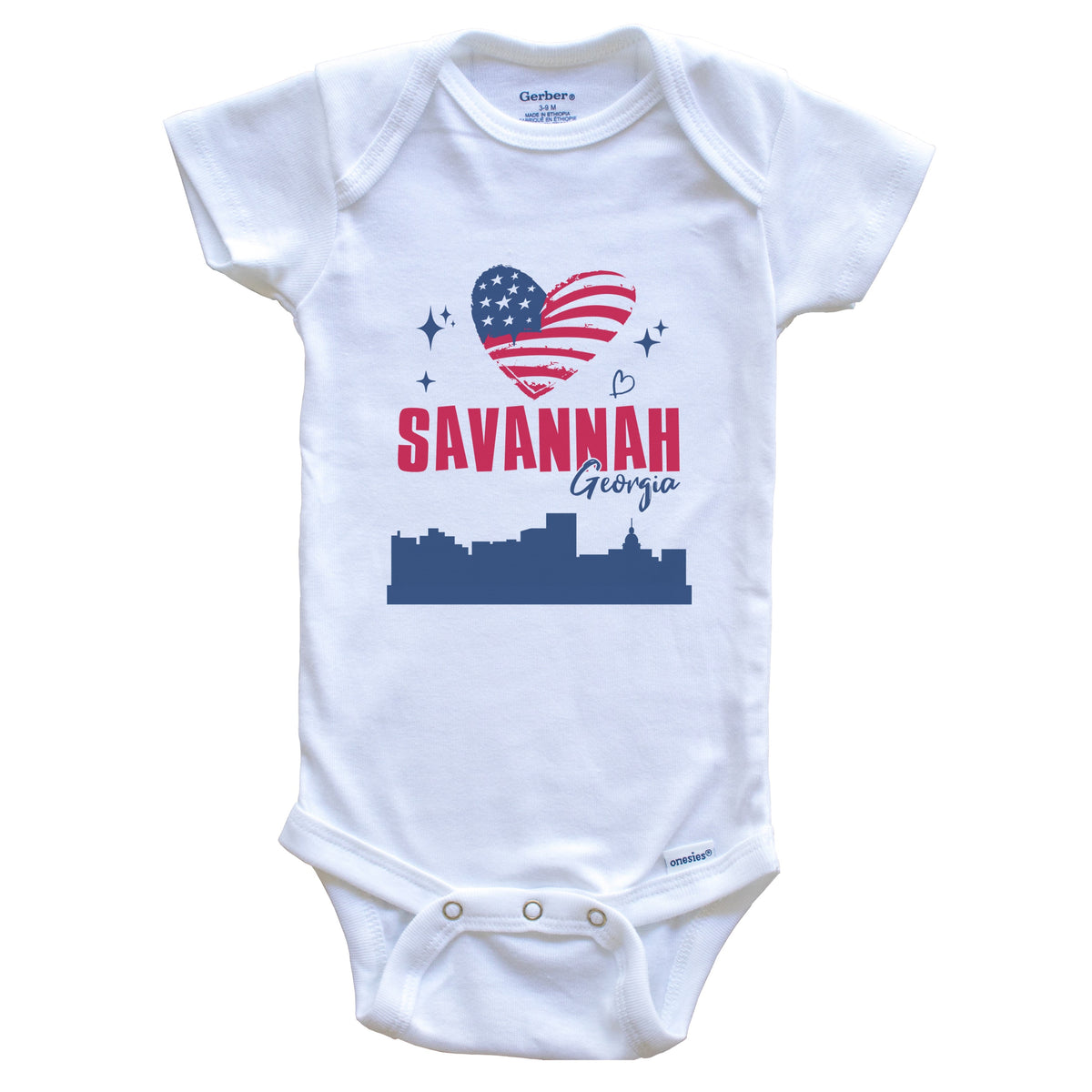 Savannah Georgia Skyline American Flag Heart 4th of July Baby Bodysuit