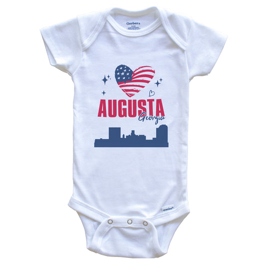 Augusta Georgia Skyline American Flag Heart 4th of July Baby Bodysuit